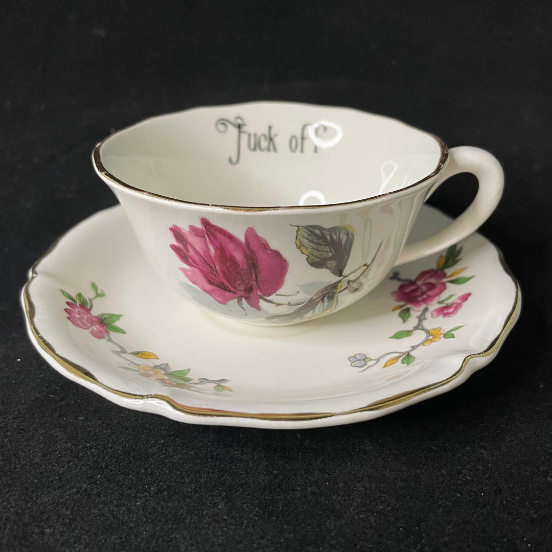 Vulgar espresso/ coffee cup, fuck off, vintage French porcelain gift, Durrant &amp; Dove