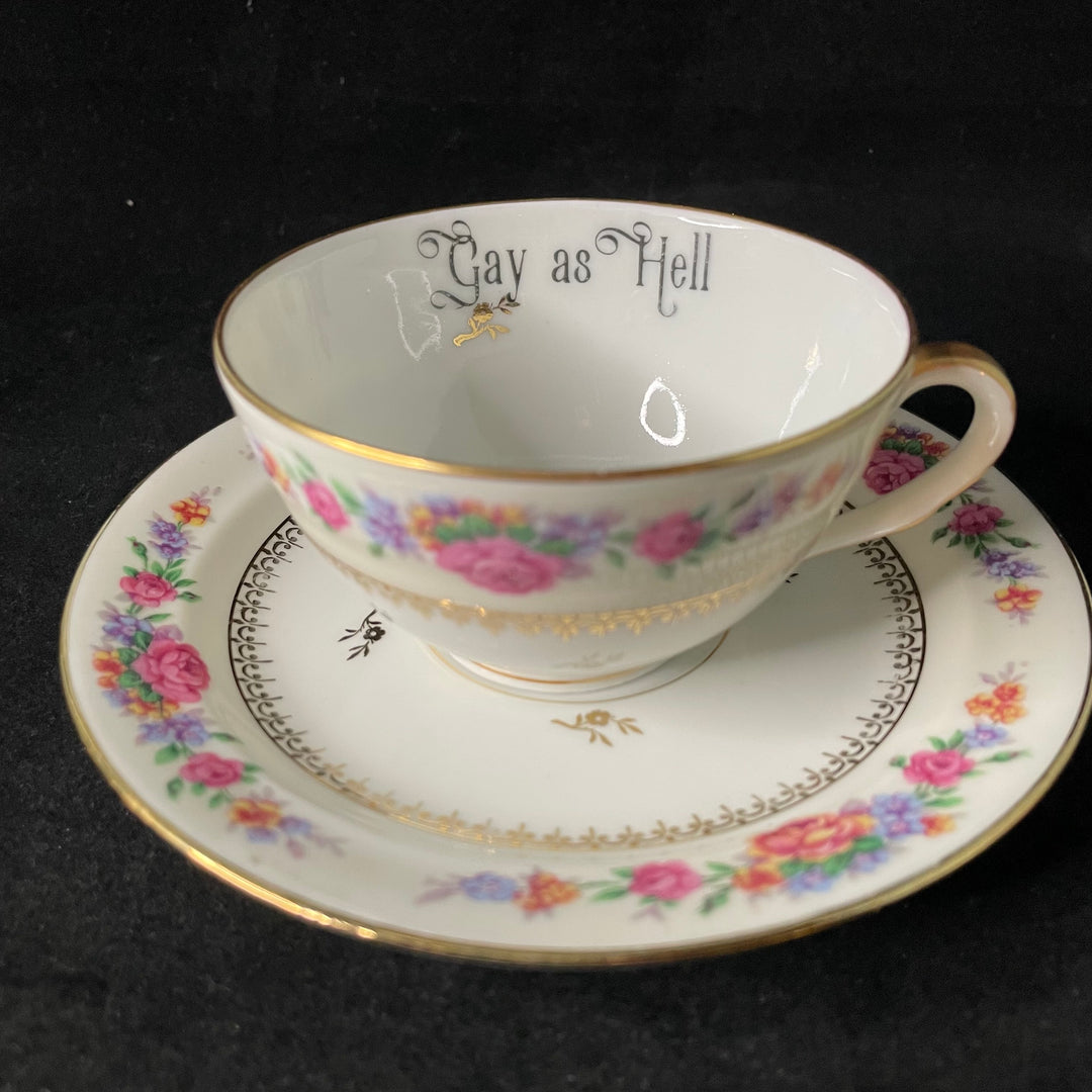 Gay as Hell, vulgar coffee / tea cup, funny upcycled tasse jurons, vintage gift, Durrant &amp; Dove