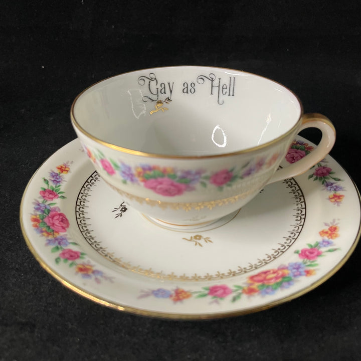 Gay as Hell, vulgar coffee / tea cup, funny upcycled tasse jurons, vintage gift, Durrant &amp; Dove