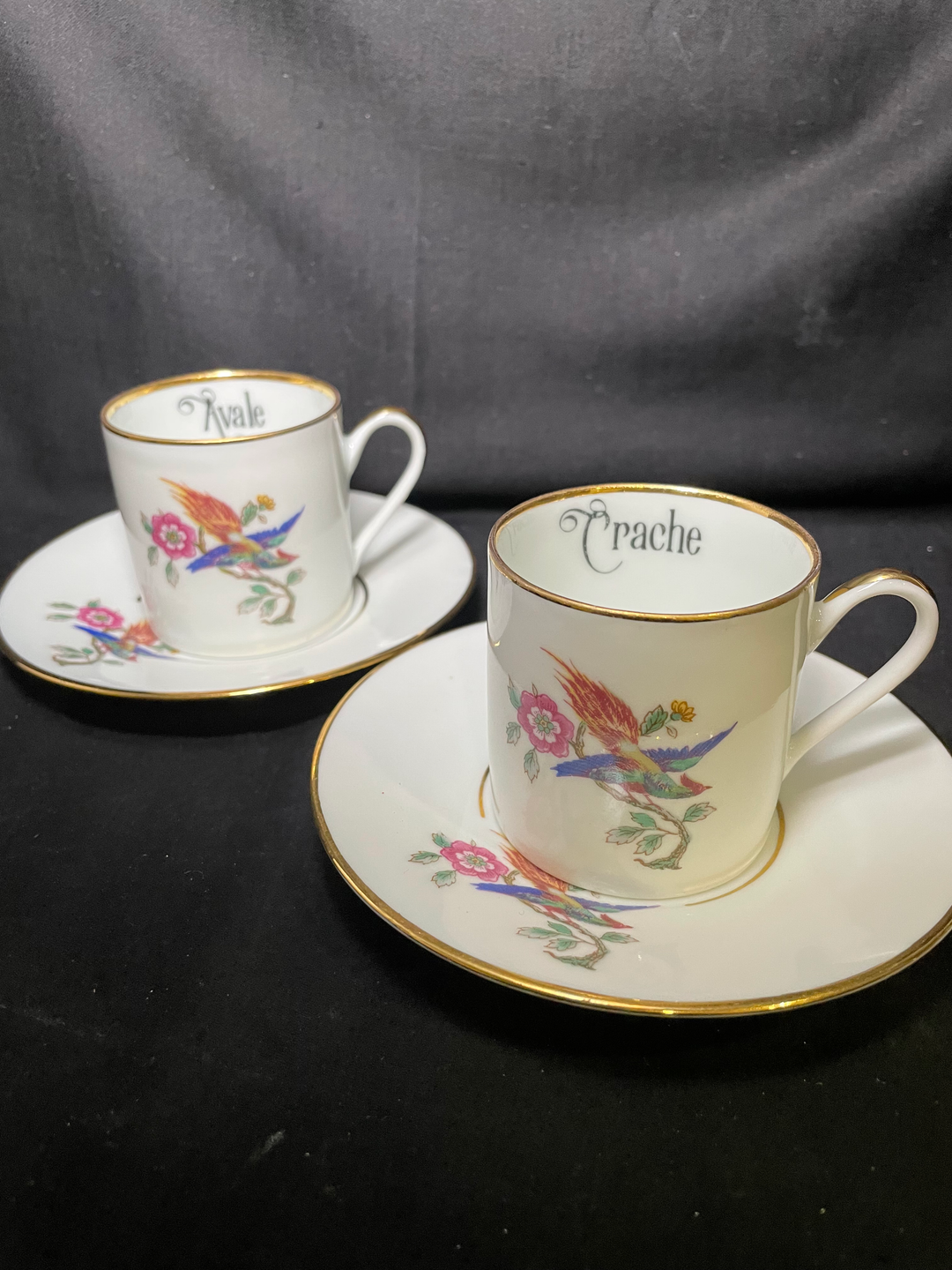 Two tea cups - Crache et Avale, Unique upcycled vintage french porcelain