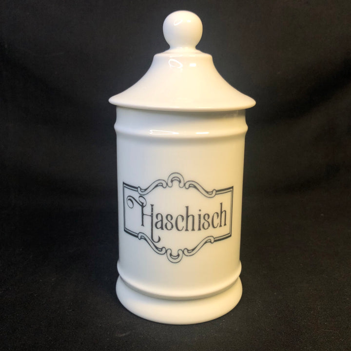 Haschisch, vintage apothecary pharmacy jar, funny upcycled Limoges p