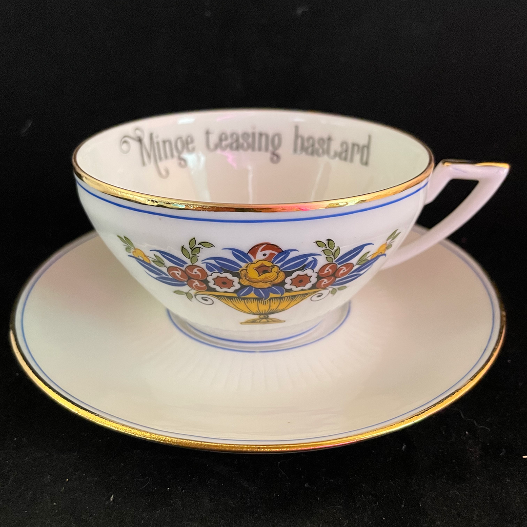 Minge teasing bastard, funny, vintage upcycled French porcelain cup and