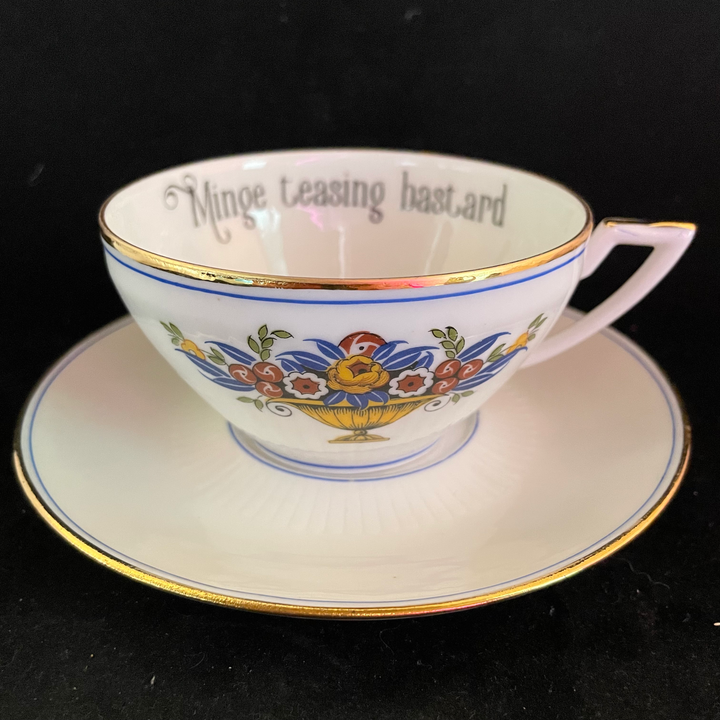 Minge teasing bastard, funny, vintage upcycled French porcelain cup and
