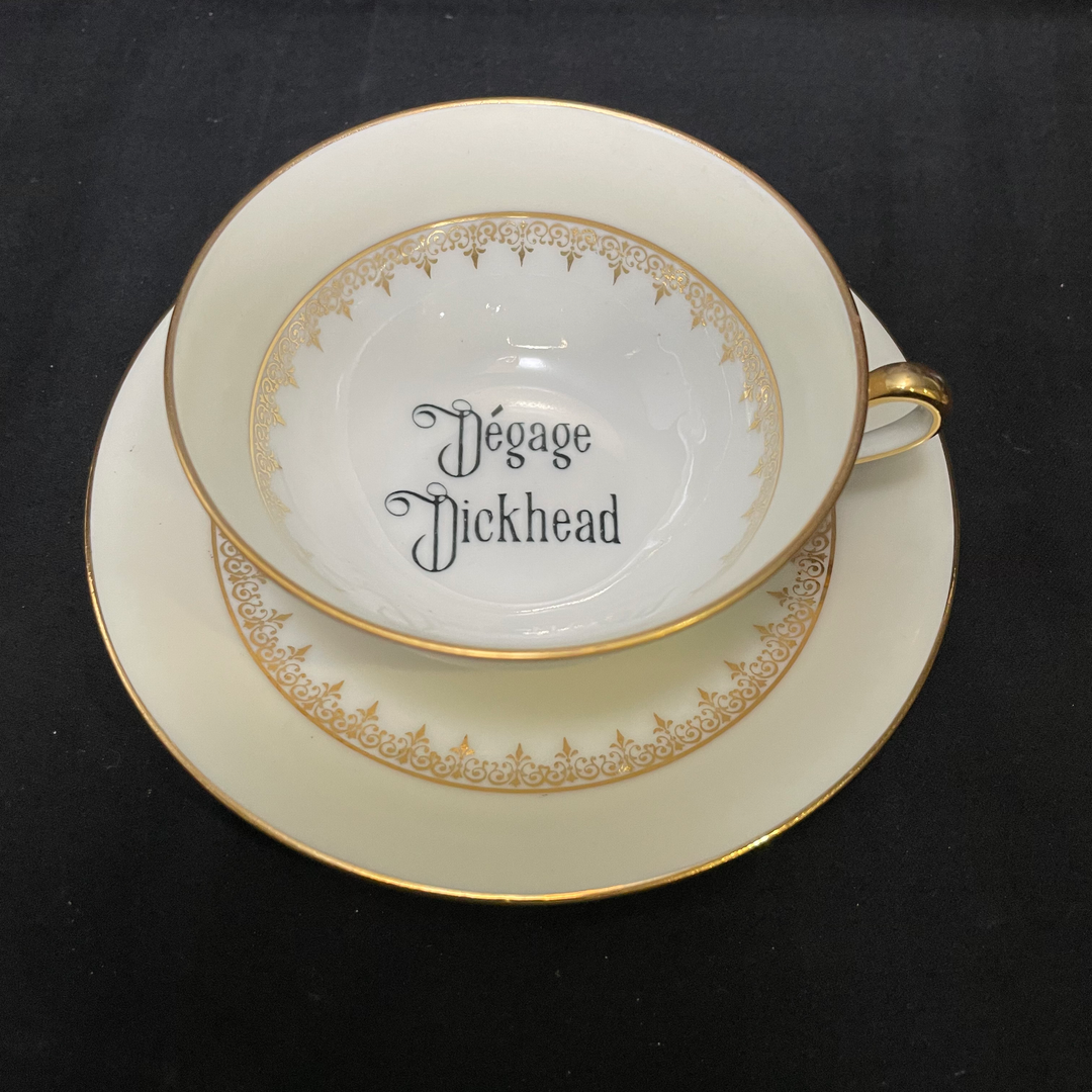Vulgar teacup, Degage Dickhead,Vintage Upcycled Limoges Porcelain gift