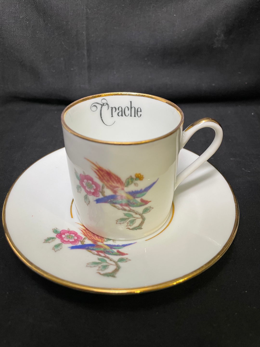 Two tea cups - Crache et Avale, Unique upcycled vintage french porcelain
