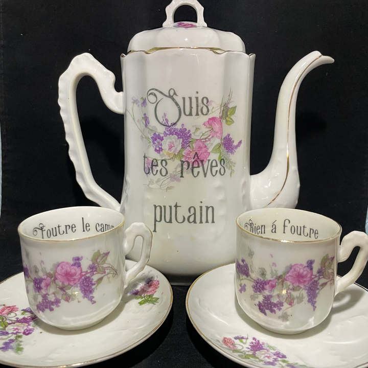 Suis tes rêves coffee set, Funny Unique Upcycled vintage French porcelain g
