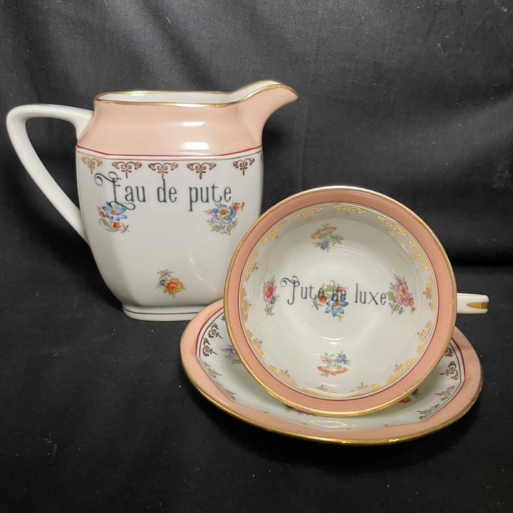 Eau de pute coffee set, Funny Unique Upcycled vintage French porcelaine gift