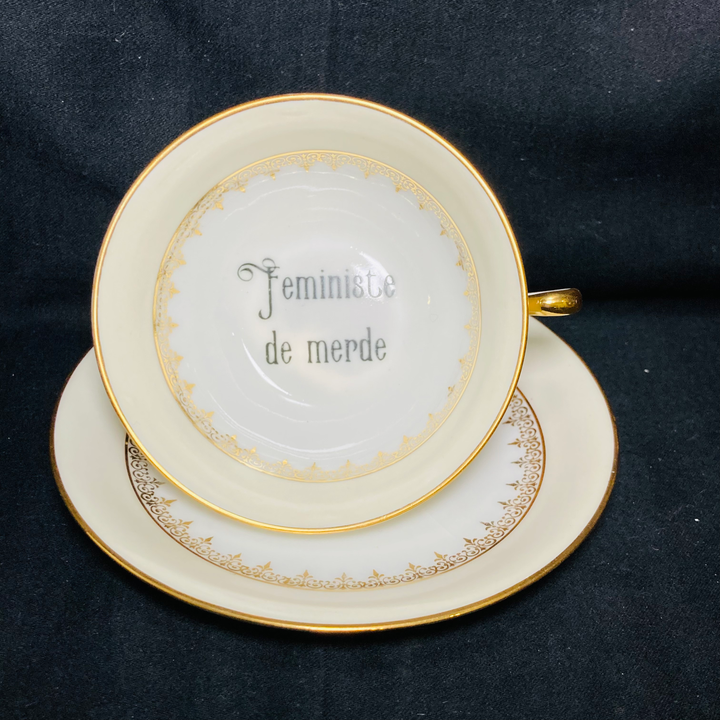 Feministe de merde, vulgar funny upcycled vintage unique French porcelain gift