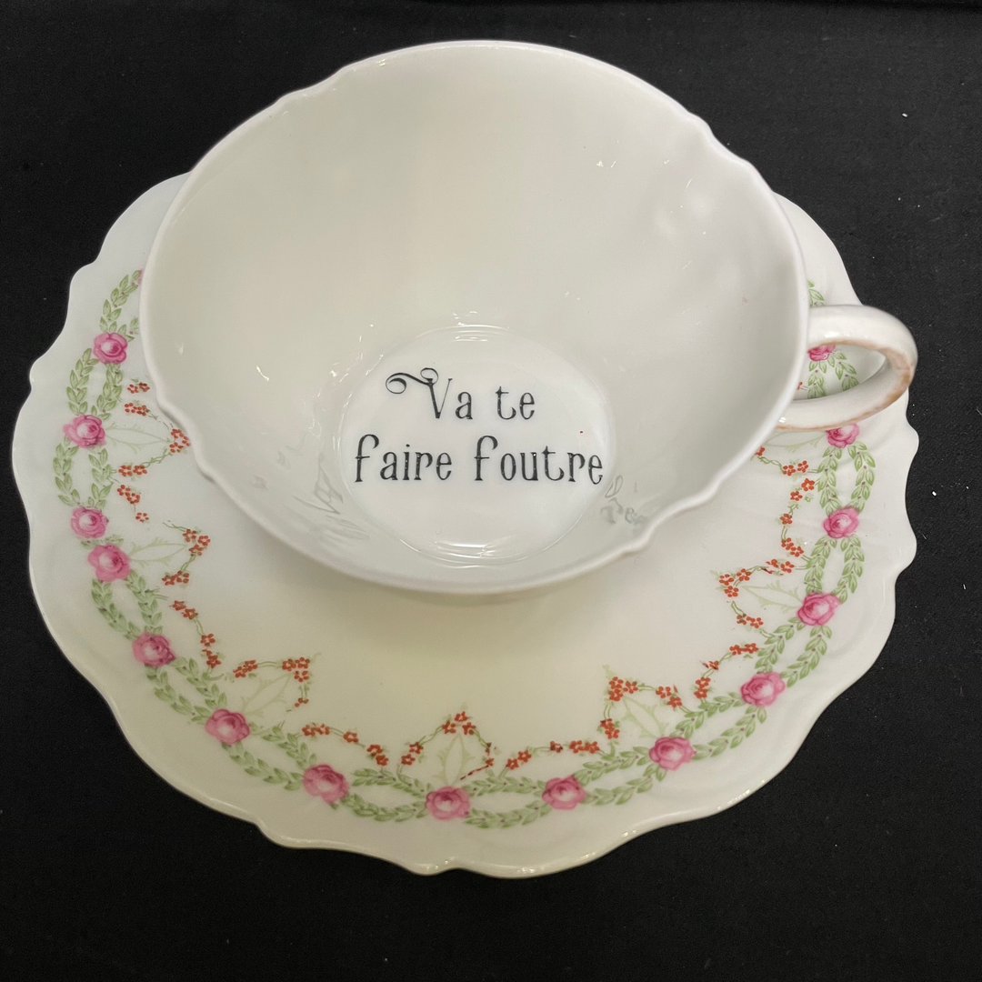 Va te faire foutre funny cup, rude upcycled vintage unique porcelain gift