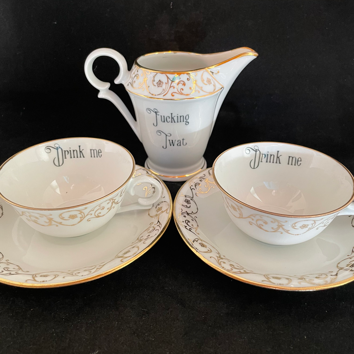 Fucking Twat coffee set, Unique upcycled vintage porcelain, funny rude antiq