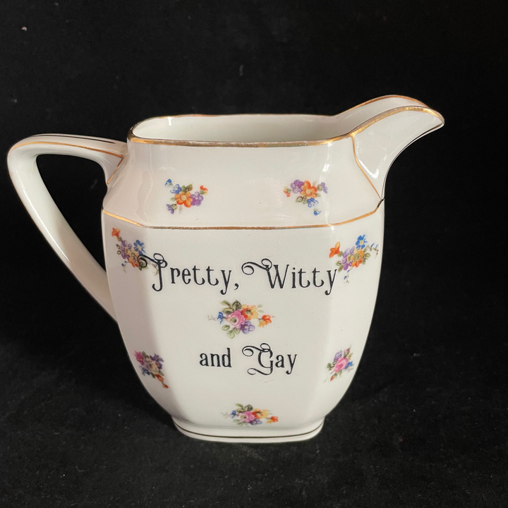 Pretty, Witty and Gay, funny vintage upcycled porcelain jug gift Durrant