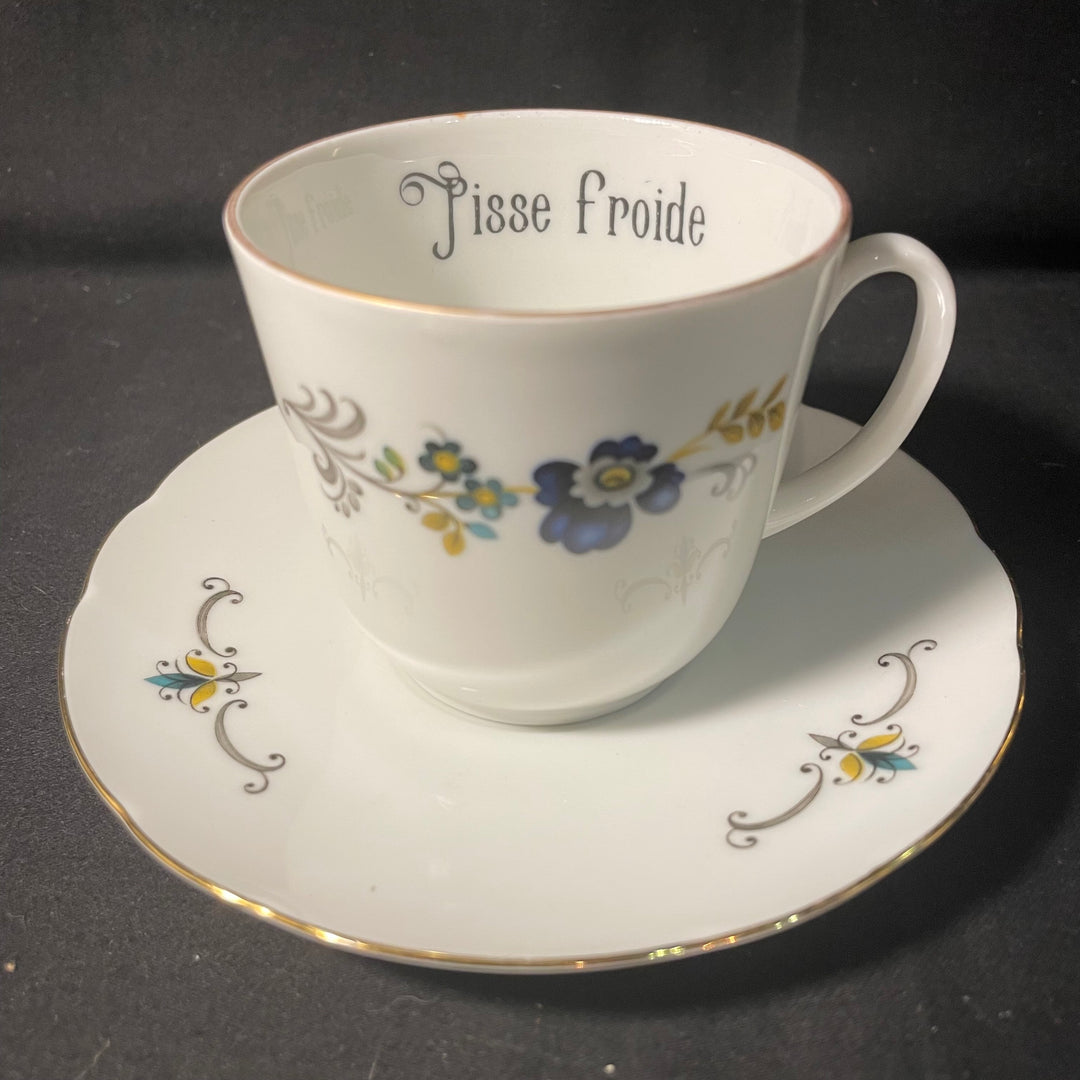 "Pisse froide" Funny vintage espresso cup &amp; saucer, upcycled French porcelaine, unique gift