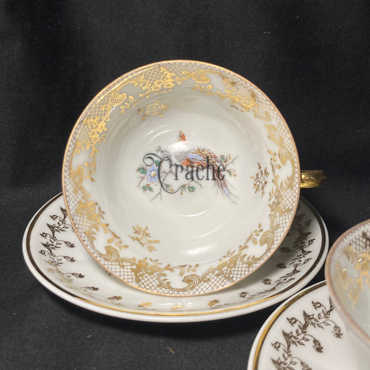 Two tea cups - Crache et Avale, Unique upcycled vintage french porcelain, tasse jurons
