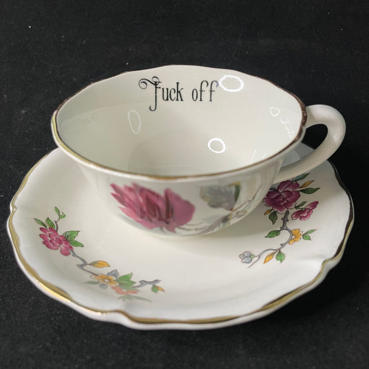 Vulgar espresso/ coffee cup, fuck off, vintage French porcelain gift, Durrant &amp; Dove