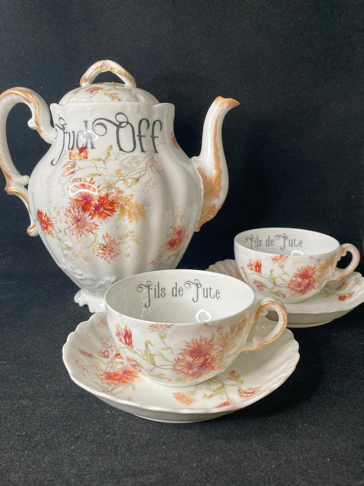 Service à thé "Va te faire foutre", Porcelaine vintage française upcyclée unique, cadeau drôle et insolent