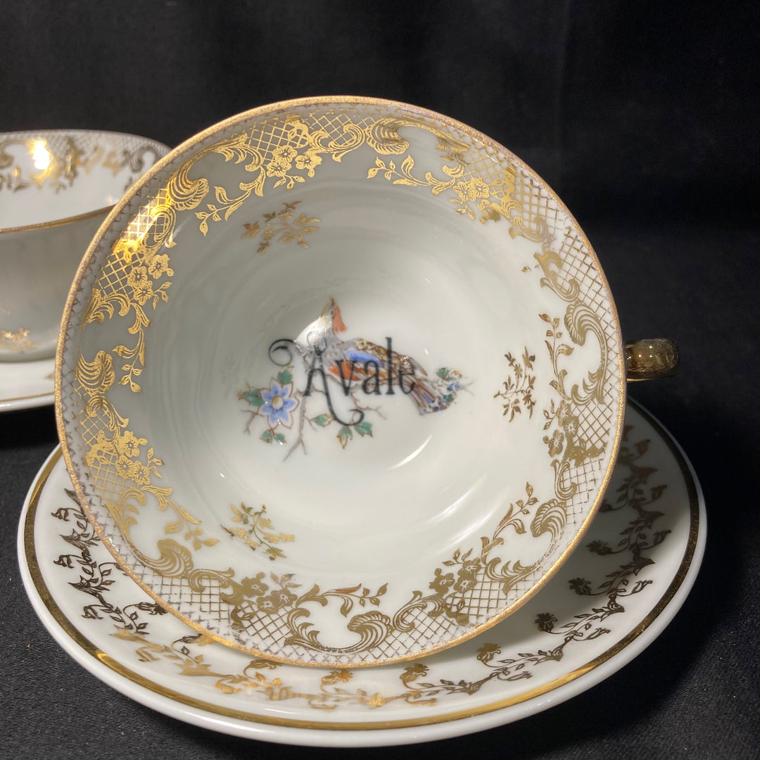 Two tea cups - Crache et Avale, Unique upcycled vintage french porcelain, tasse jurons