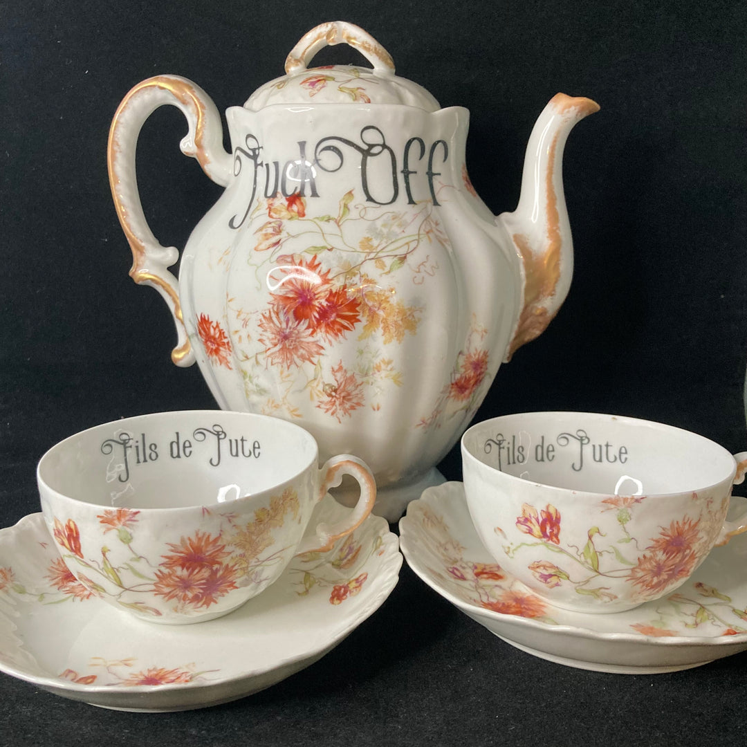 Service à thé "Va te faire foutre", Porcelaine vintage française upcyclée unique, cadeau drôle et insolent