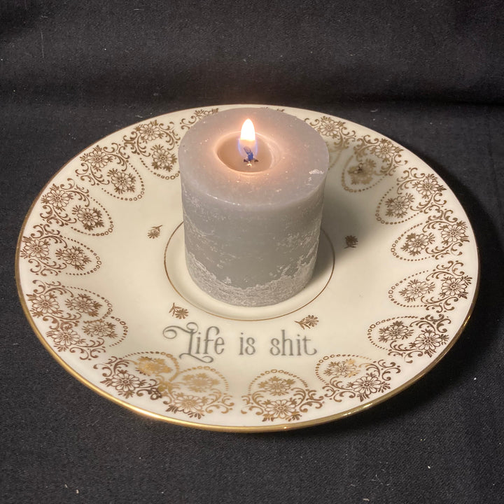 "Life is shit", Candle Holder, Funny China,Vintage Porcelain,Insult Rude gift