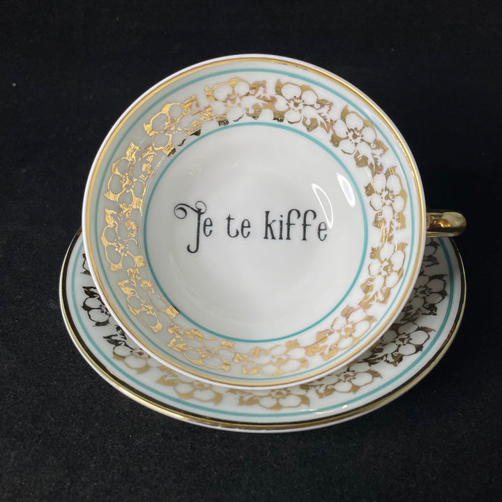 Vulgar tea / coffee cup, Je te kiffe, vintage French porcelain gift, Durrant &amp; Dove
