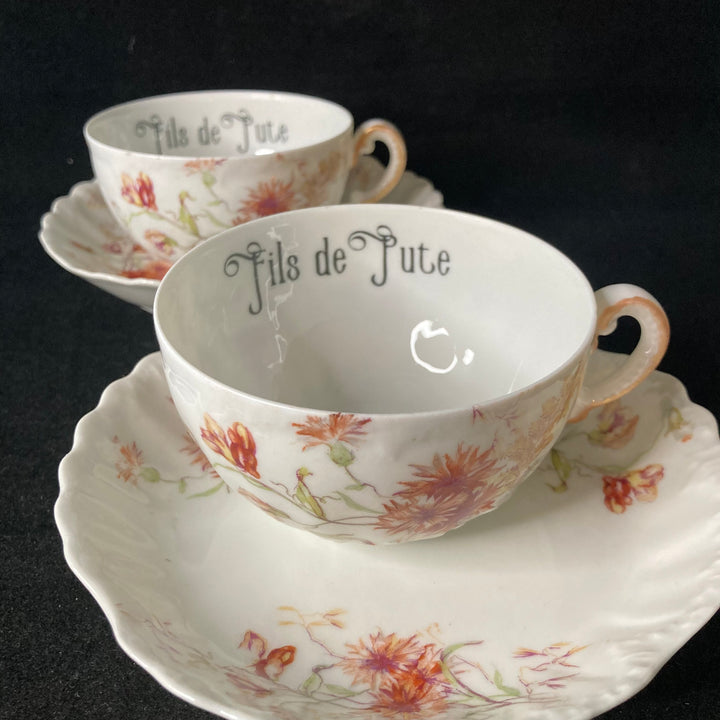 Service à thé "Va te faire foutre", Porcelaine vintage française upcyclée unique, cadeau drôle et insolent