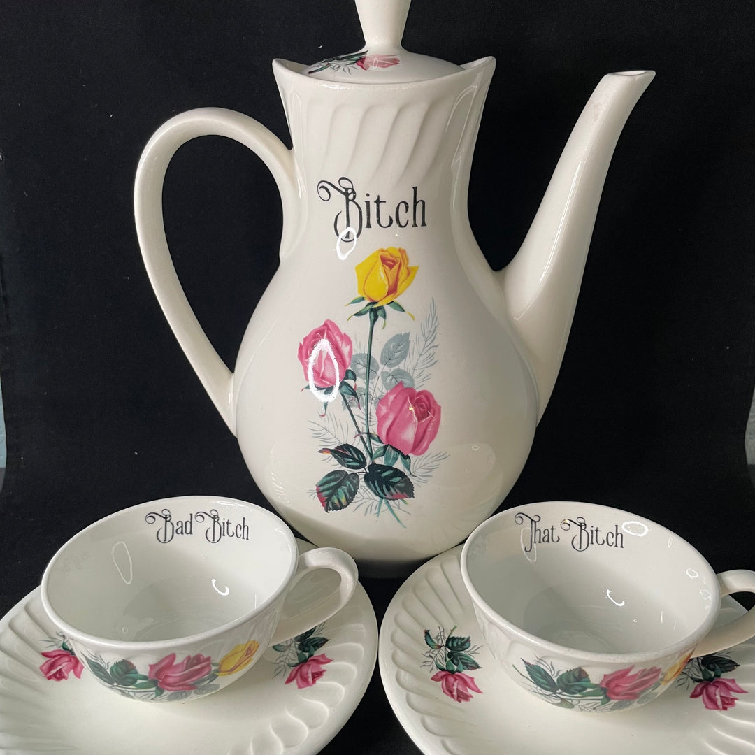 Bitch coffee service / tea set,Unique upcycled French vintage porcelain, funny rude gift