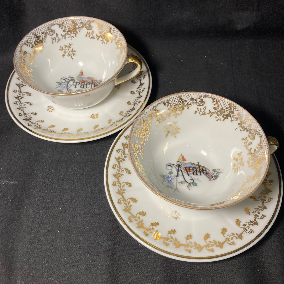 Two tea cups - Crache et Avale, Unique upcycled vintage french porcelain, tasse jurons