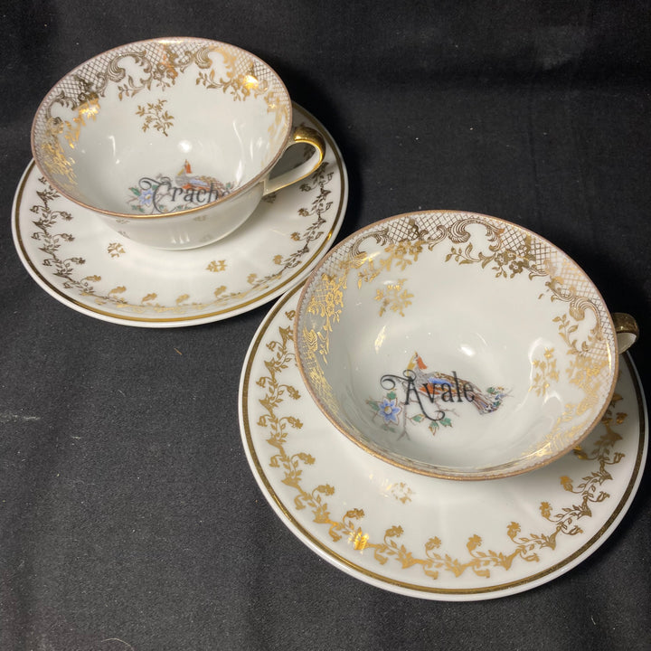 Two tea cups - Crache et Avale, Unique upcycled vintage french porcelain, tasse jurons