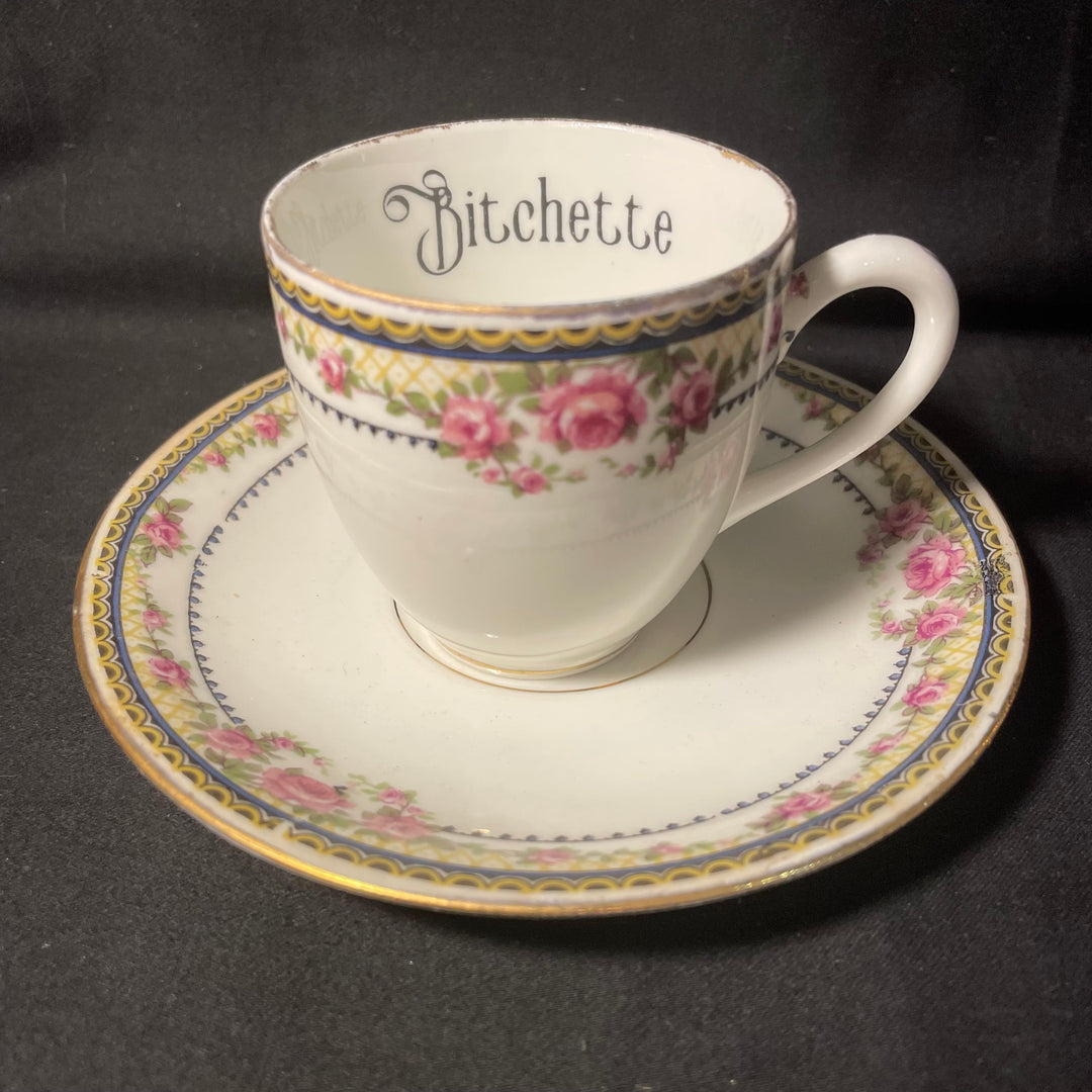 "Bitchette" Funny vintage espresso cup &amp; saucer, upcycled French porcelaine, unique gift