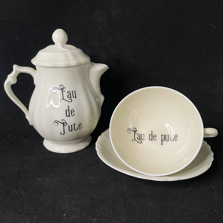 Eau de pute coffee set, Funny Unique Upcycled vintage French porcelaine gift