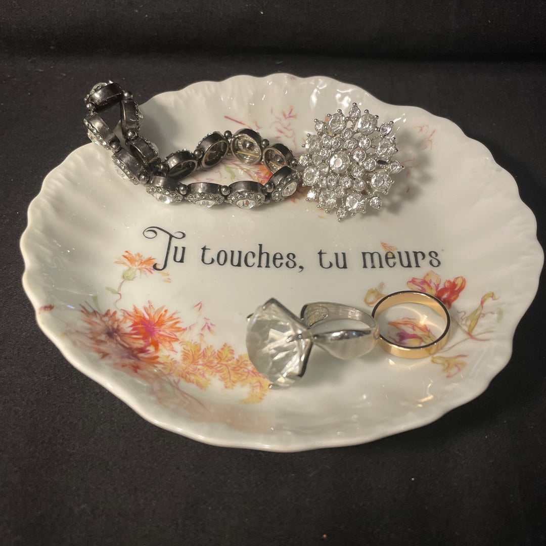 "Tu touches, tu meurs" Plateau à bibelots brillants, plateau à bijoux amusant recyclé, plateau à bijoux vintage unique