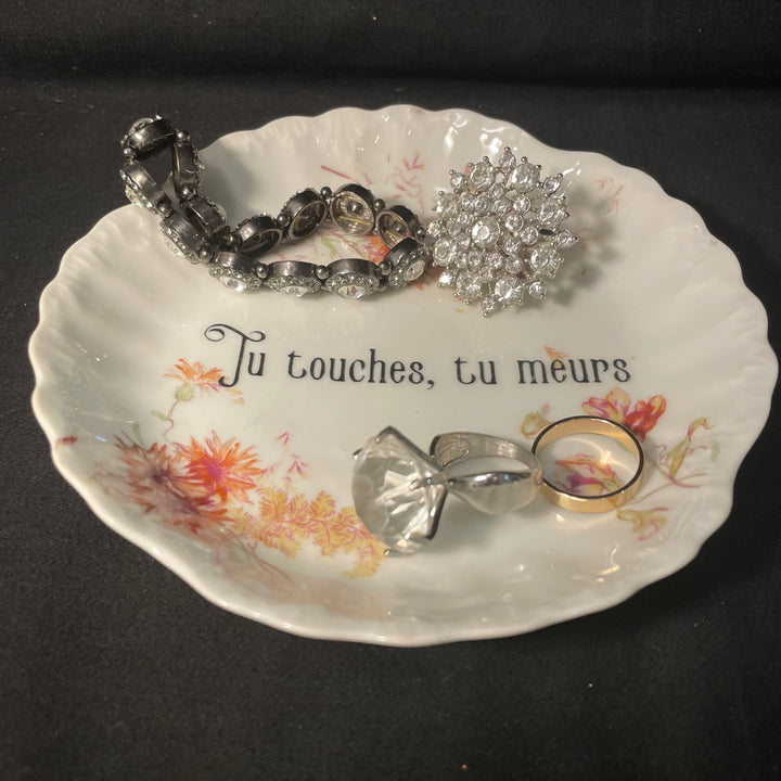 "Tu touches, tu meurs" Plateau à bibelots brillants, plateau à bijoux amusant recyclé, plateau à bijoux vintage unique
