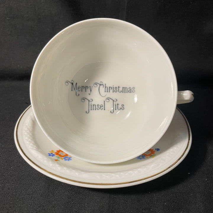 "Merry Christmas Tinsel Tits" tea cup, vintage upcycled French porcelain gift