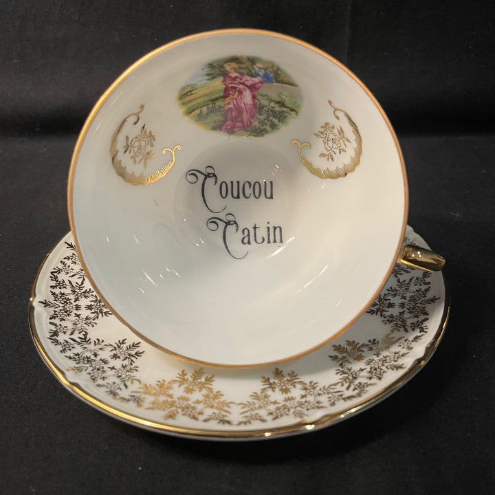 "Coucou Catin" tasse à thé/café détournée vintage unique porcelaine de Limoges