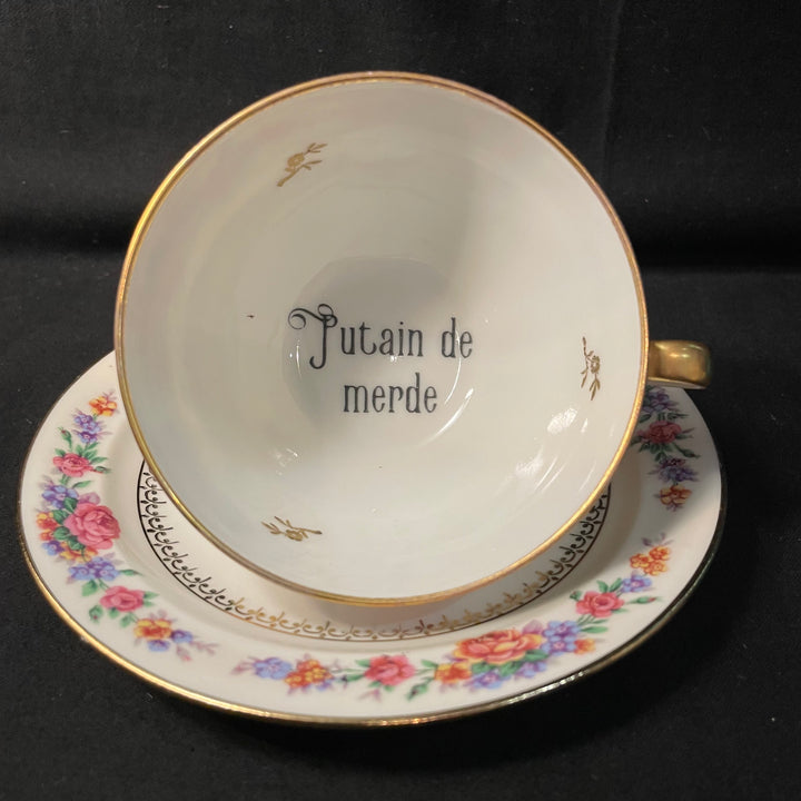 "Putain de merde", tasse à cafe, cadeau en porcelaine française vintage recyclée
