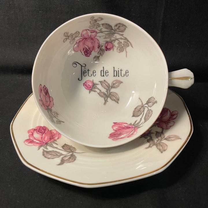 "Tete de bite", Vulgar tea cup, funny upcycled tasse jurons, vintage gift