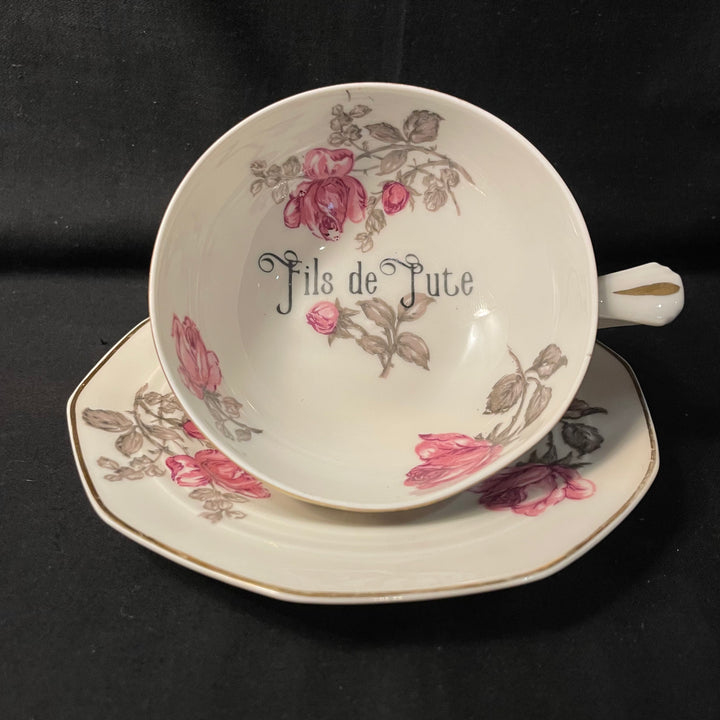 "Fils de Pute" Vulgar tea cup, funny upcycled tasse jurons, vintage gift